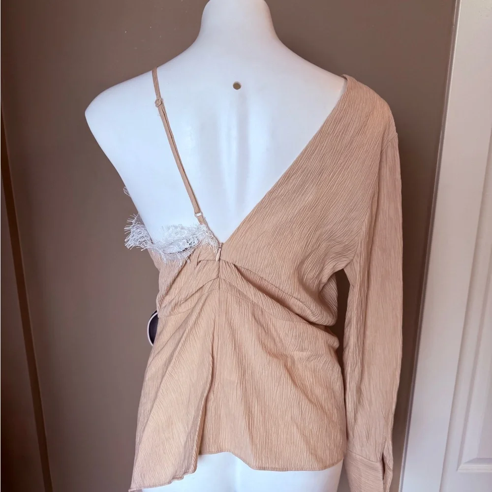 Zara Tan Crinkle Stretch Asymmetrical Lace Top Blouse Blogger Favorite - Picture 5 of 6